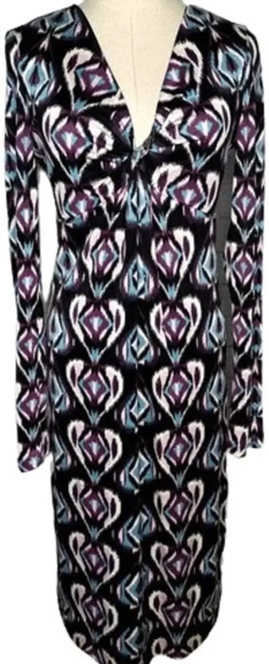 Tory Burch 100% Silk Dress Long Sleeve V-Neck Diamond Heart Print Multi Medium